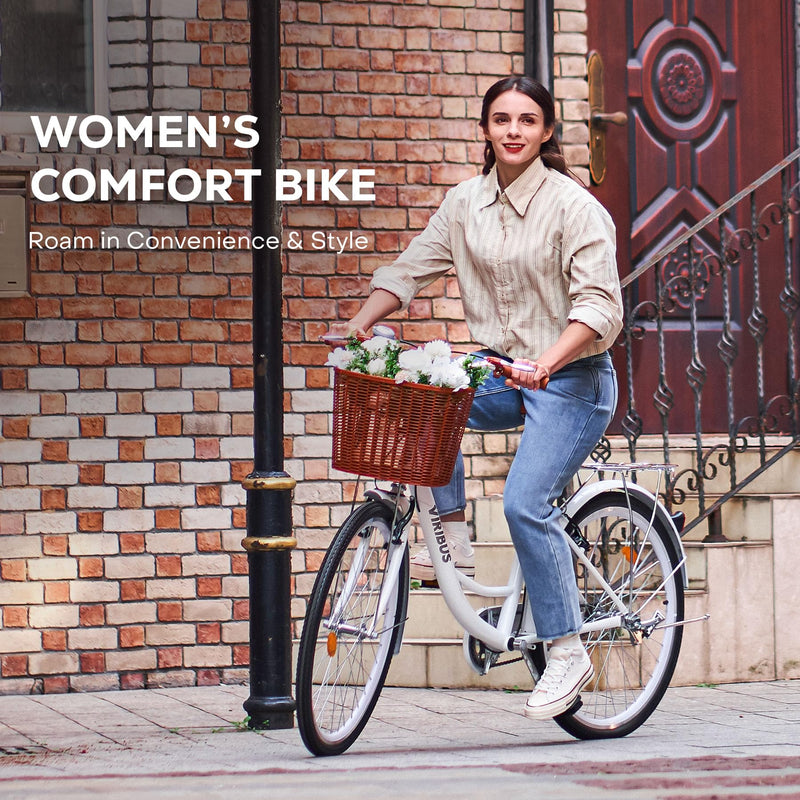 Viribus 26 Inch Vintage Ladies Bike with Basket, Dutch Style City Bicycle with Carbon Steel Frame, Dual V Brakes, Single Speed Women's Comfort Bike with Adjustable Seat and Handlebars
