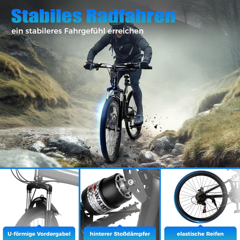 GDSKR 26 Inch Folding Mountain Bike, Mountain Bike Full, Suspension Disc Brake Bicycle, Front Disc Brake, Quick Release Mechanism, Steel Frame, All Terrain Folding Bicycle, with Mudguard