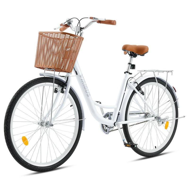 Viribus 26 Inch Vintage Ladies Bike with Basket, Dutch Style City Bicycle with Carbon Steel Frame, Dual V Brakes, Single Speed Women's Comfort Bike with Adjustable Seat and Handlebars