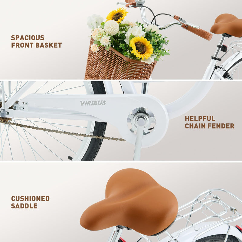 Viribus 26 Inch Vintage Ladies Bike with Basket, Dutch Style City Bicycle with Carbon Steel Frame, Dual V Brakes, Single Speed Women's Comfort Bike with Adjustable Seat and Handlebars
