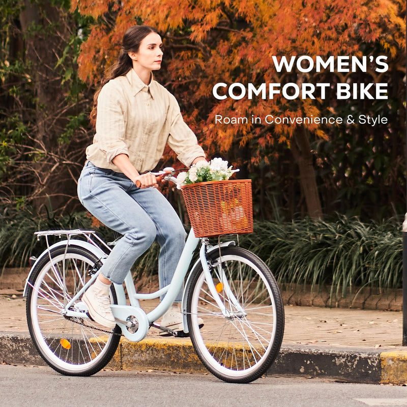 Viribus 26 Inch Vintage Ladies Bike with Basket, Dutch Style City Bicycle with Carbon Steel Frame, Dual V Brakes, Single Speed Women's Comfort Bike with Adjustable Seat and Handlebars