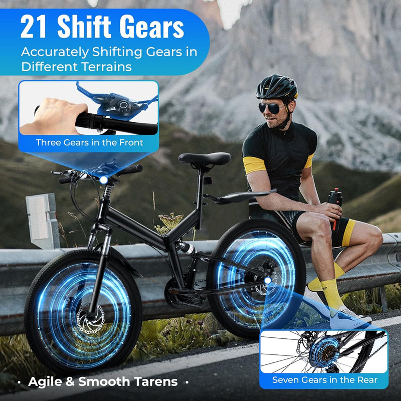 26 Inch Mountain Bike Folding Bicycle for Adults 21 Speed Height Adjustable With Mudguards and Transmission Mens and Womens Foldable Mountain Bicycle,With Anti Slip Handle and Reflective Light(Black)