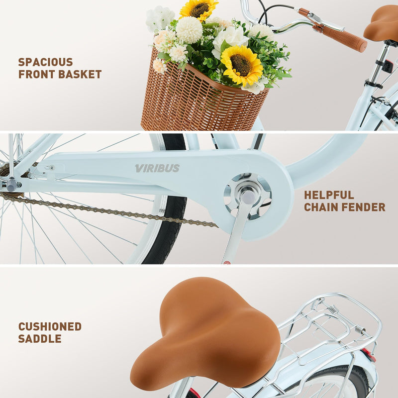 Viribus 26 Inch Vintage Ladies Bike with Basket, Dutch Style City Bicycle with Carbon Steel Frame, Dual V Brakes, Single Speed Women's Comfort Bike with Adjustable Seat and Handlebars