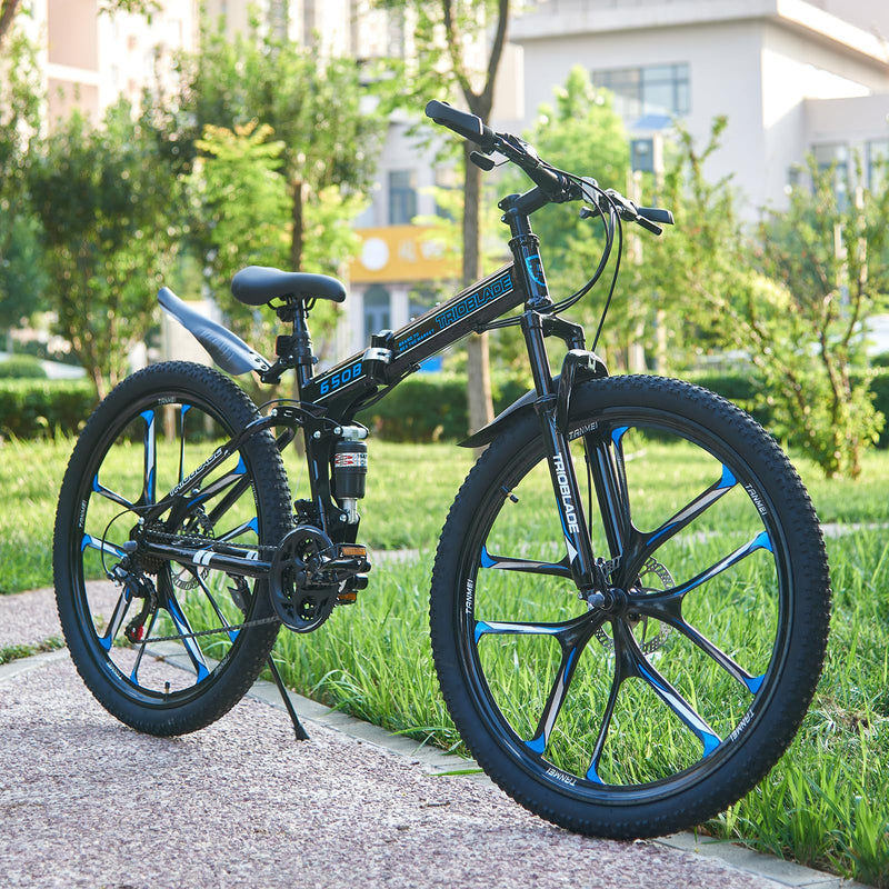 LSBIKE 24 26 27.5In Foldable Mountain Bike Dual Suspension Hardtail Bicycle Men Women Mountain Bike 21 Speed Drivetrain Lightweight Frame Sport Cycling Bike for Adult