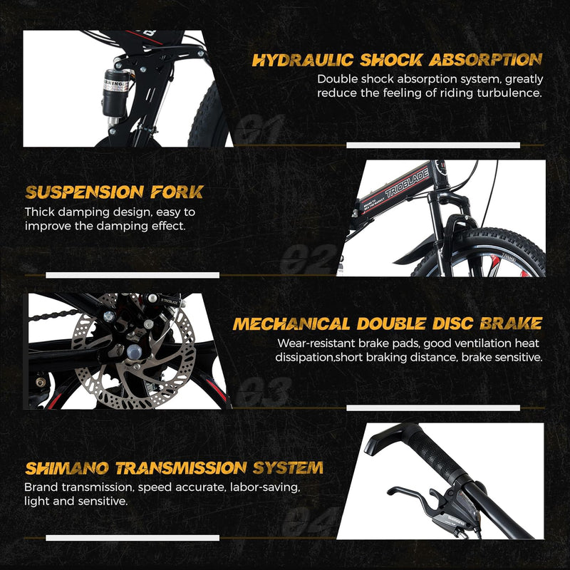 LSBIKE 24 26 27.5In Foldable Mountain Bike Dual Suspension Hardtail Bicycle Men Women Mountain Bike 21 Speed Drivetrain Lightweight Frame Sport Cycling Bike for Adult
