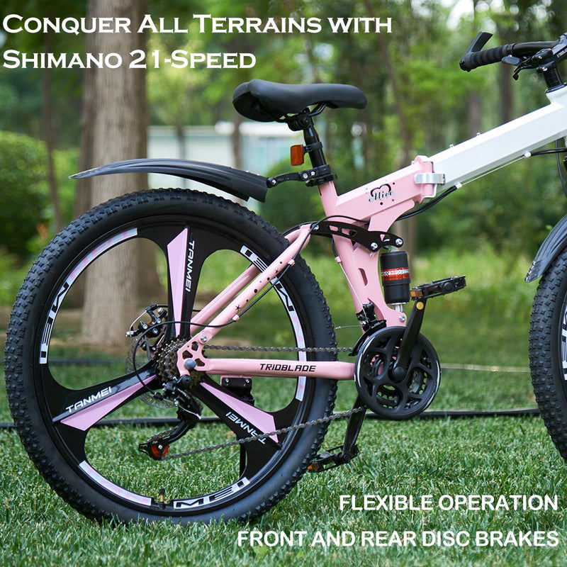 LSBIKE 24 26 27.5In Foldable Mountain Bike Dual Suspension Hardtail Bicycle Men Women Mountain Bike 21 Speed Drivetrain Lightweight Frame Sport Cycling Bike for Adult