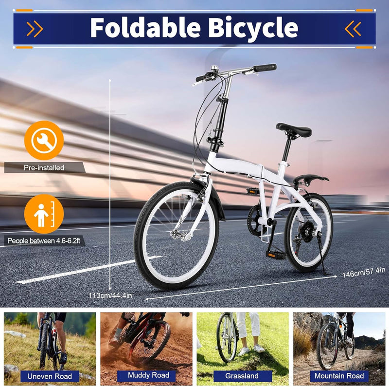 CUMELLIIR Folding Bikes For Adults 20 Inch, Foldable Bike With Double V Brake, Adjustable Height 6 Speed Lightweight Folding Bicycle, Fold Up Bikes City Bike For Adults Men Women Teens