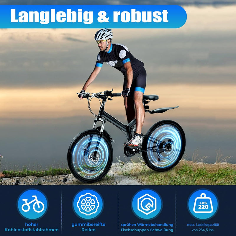 GDSKR 26 Inch Folding Mountain Bike, Mountain Bike Full, Suspension Disc Brake Bicycle, Front Disc Brake, Quick Release Mechanism, Steel Frame, All Terrain Folding Bicycle, with Mudguard