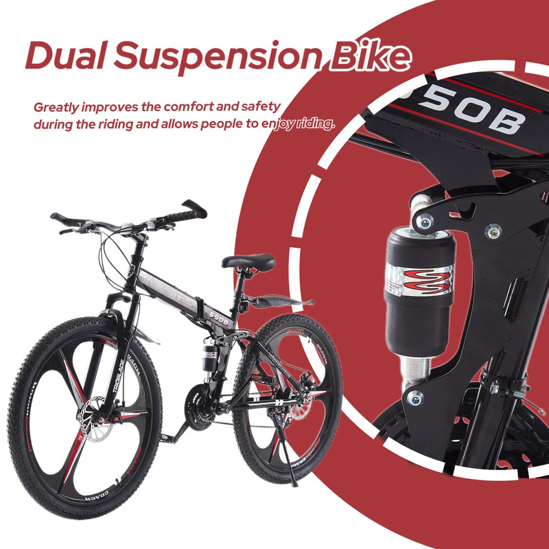 LSBIKE 24 26 27.5In Foldable Mountain Bike Dual Suspension Hardtail Bicycle Men Women Mountain Bike 21 Speed Drivetrain Lightweight Frame Sport Cycling Bike for Adult