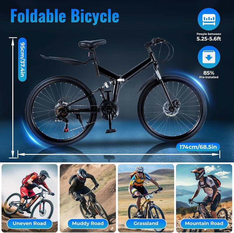 26 Inch Mountain Bike Folding Bicycle for Adults 21 Speed Height Adjustable With Mudguards and Transmission Mens and Womens Foldable Mountain Bicycle,With Anti Slip Handle and Reflective Light(Black)