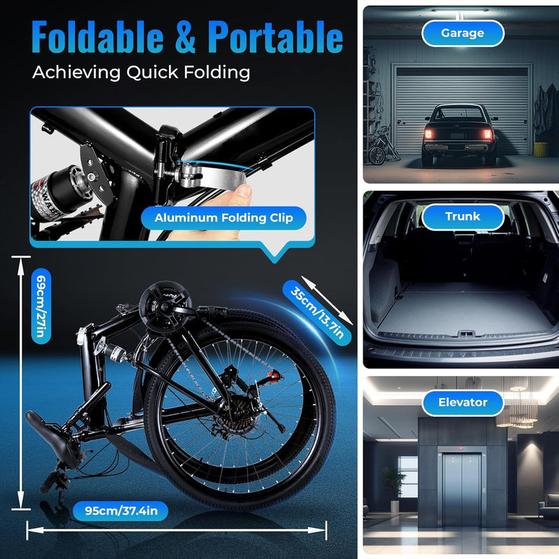 26 Inch Mountain Bike Folding Bicycle for Adults 21 Speed Height Adjustable With Mudguards and Transmission Mens and Womens Foldable Mountain Bicycle,With Anti Slip Handle and Reflective Light(Black)
