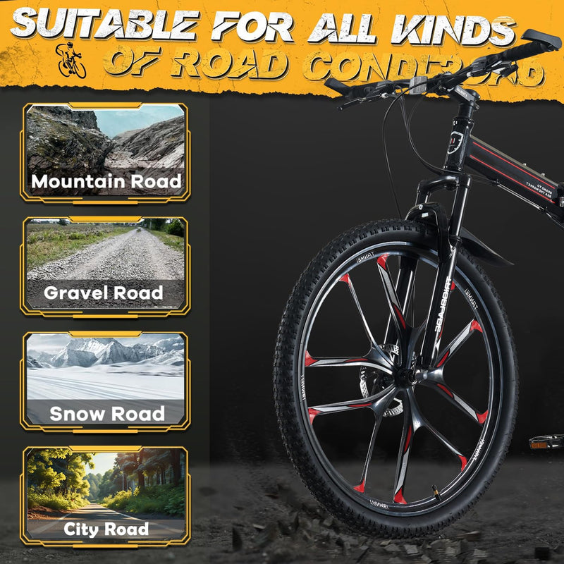 LSBIKE 24 26 27.5In Foldable Mountain Bike Dual Suspension Hardtail Bicycle Men Women Mountain Bike 21 Speed Drivetrain Lightweight Frame Sport Cycling Bike for Adult