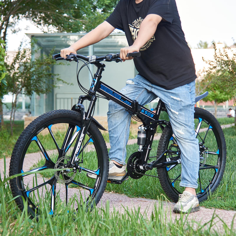 LSBIKE 24 26 27.5In Foldable Mountain Bike Dual Suspension Hardtail Bicycle Men Women Mountain Bike 21 Speed Drivetrain Lightweight Frame Sport Cycling Bike for Adult