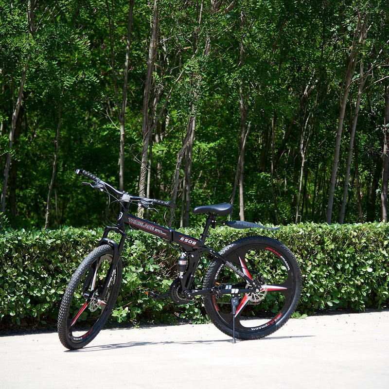 LSBIKE 24 26 27.5In Foldable Mountain Bike Dual Suspension Hardtail Bicycle Men Women Mountain Bike 21 Speed Drivetrain Lightweight Frame Sport Cycling Bike for Adult