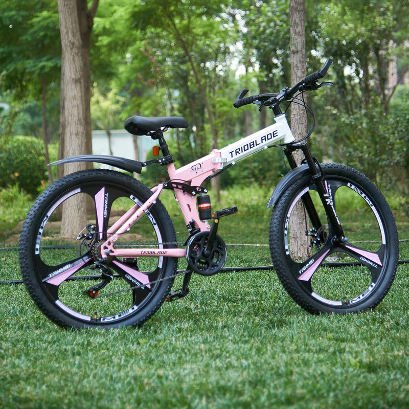 LSBIKE 24 26 27.5In Foldable Mountain Bike Dual Suspension Hardtail Bicycle Men Women Mountain Bike 21 Speed Drivetrain Lightweight Frame Sport Cycling Bike for Adult
