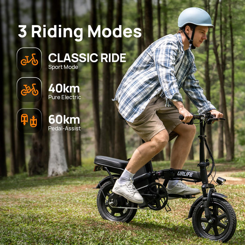 URLIFE 14" Electric Bike, Portable E-bike with 48V 7.5AH Removable Battery 250W Powerful Motor, 60 KM Max Range, Folding Ebike LCD Display, Electric Commuter Bicycle for Adults and Teens