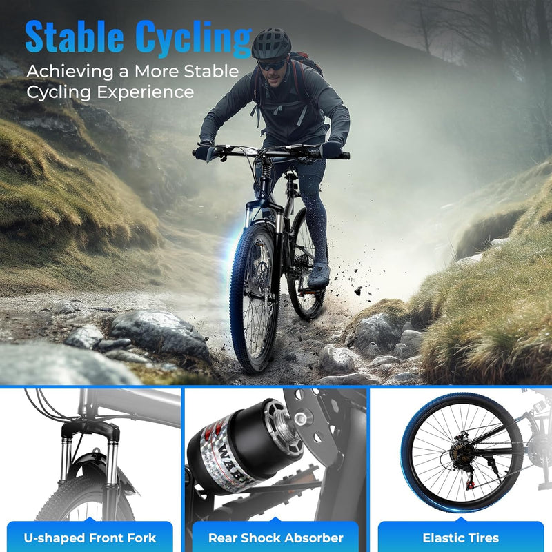 26 Inch Mountain Bike Folding Bicycle for Adults 21 Speed Height Adjustable With Mudguards and Transmission Mens and Womens Foldable Mountain Bicycle,With Anti Slip Handle and Reflective Light(Black)