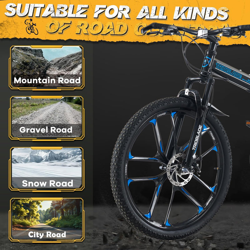 LSBIKE 24 26 27.5In Foldable Mountain Bike Dual Suspension Hardtail Bicycle Men Women Mountain Bike 21 Speed Drivetrain Lightweight Frame Sport Cycling Bike for Adult