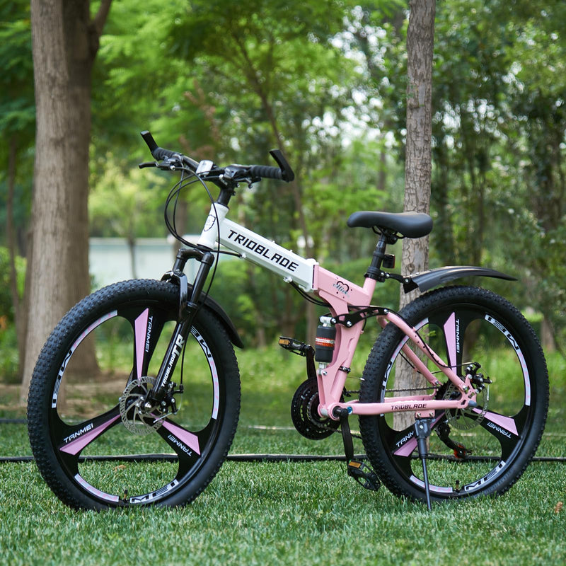 LSBIKE 24 26 27.5In Foldable Mountain Bike Dual Suspension Hardtail Bicycle Men Women Mountain Bike 21 Speed Drivetrain Lightweight Frame Sport Cycling Bike for Adult