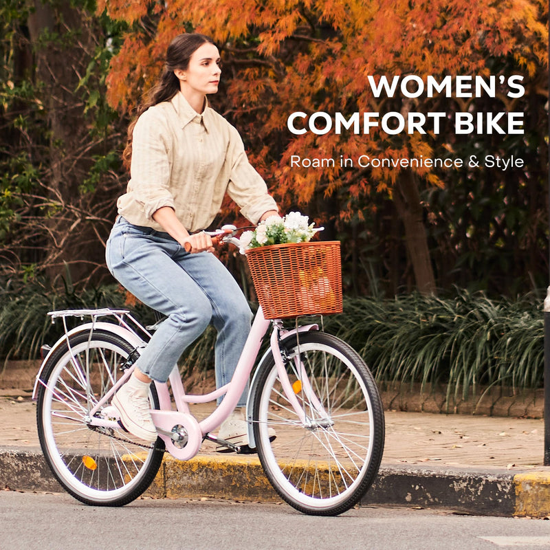 Viribus 26 Inch Vintage Ladies Bike with Basket, Dutch Style City Bicycle with Carbon Steel Frame, Dual V Brakes, Single Speed Women's Comfort Bike with Adjustable Seat and Handlebars
