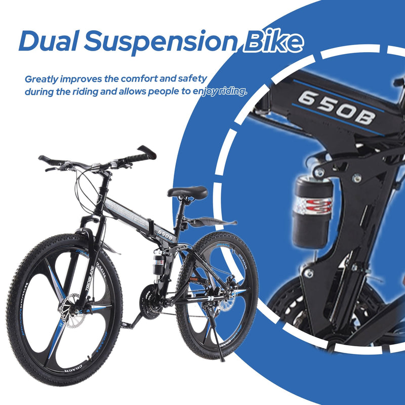 LSBIKE 24 26 27.5In Foldable Mountain Bike Dual Suspension Hardtail Bicycle Men Women Mountain Bike 21 Speed Drivetrain Lightweight Frame Sport Cycling Bike for Adult