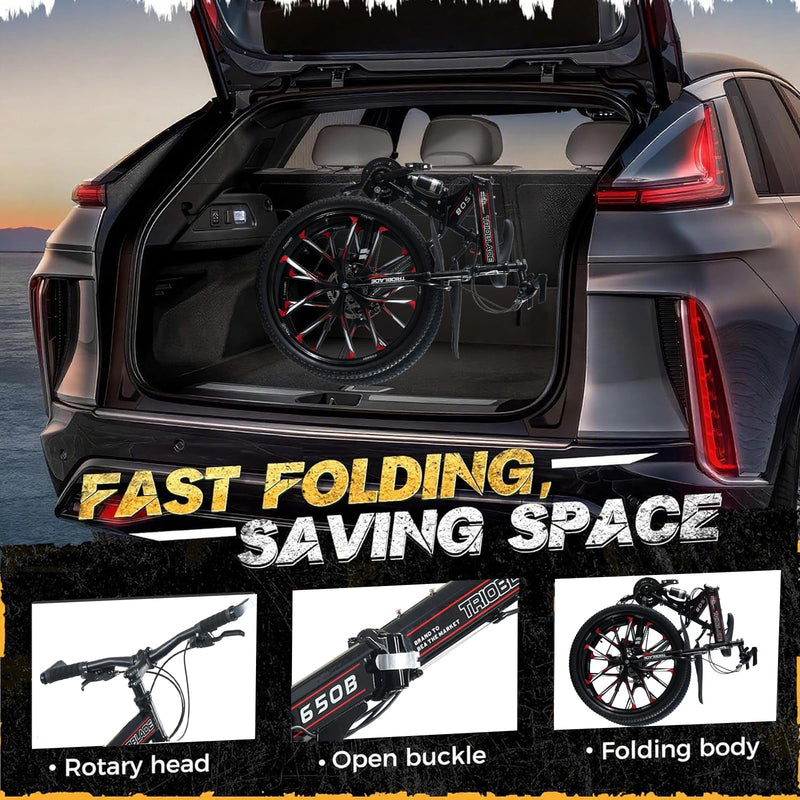 LSBIKE 24 26 27.5In Foldable Mountain Bike Dual Suspension Hardtail Bicycle Men Women Mountain Bike 21 Speed Drivetrain Lightweight Frame Sport Cycling Bike for Adult