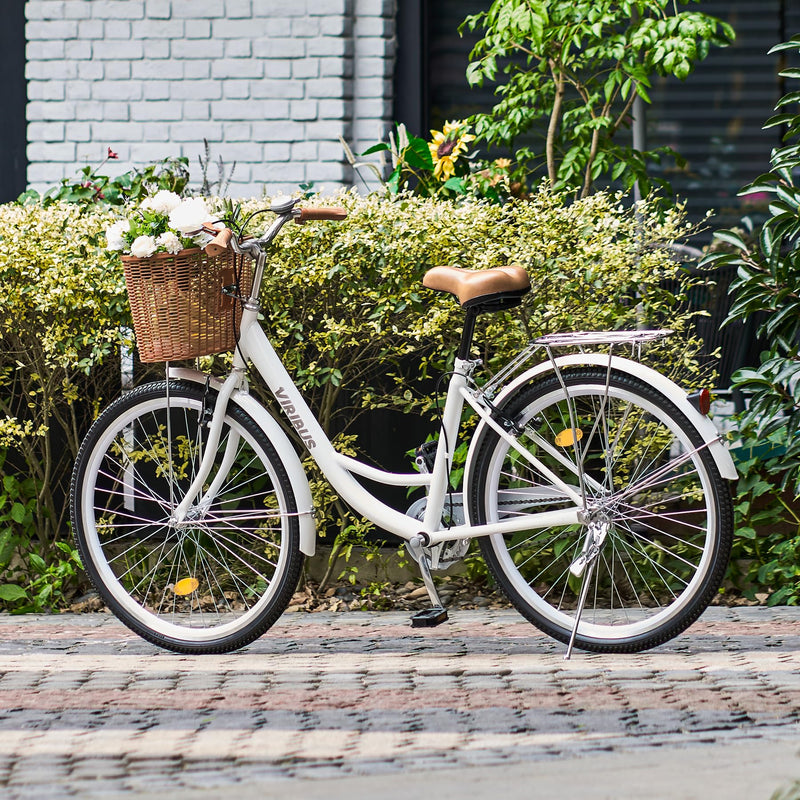 Viribus 26 Inch Vintage Ladies Bike with Basket, Dutch Style City Bicycle with Carbon Steel Frame, Dual V Brakes, Single Speed Women's Comfort Bike with Adjustable Seat and Handlebars