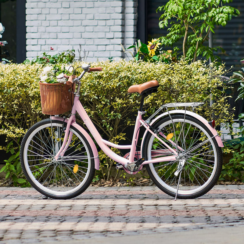 Viribus 26 Inch Vintage Ladies Bike with Basket, Dutch Style City Bicycle with Carbon Steel Frame, Dual V Brakes, Single Speed Women's Comfort Bike with Adjustable Seat and Handlebars