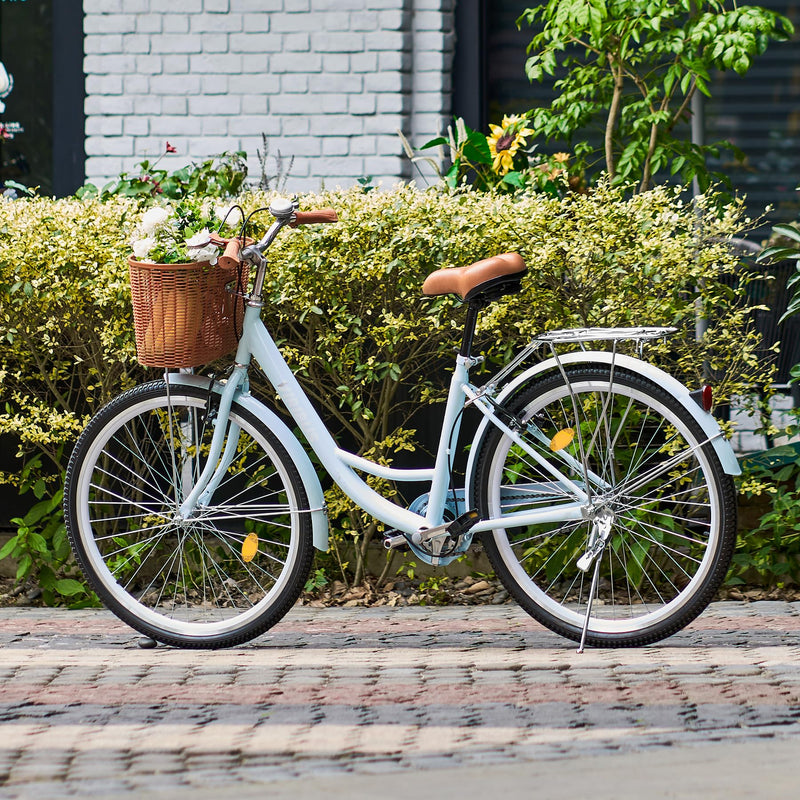 Viribus 26 Inch Vintage Ladies Bike with Basket, Dutch Style City Bicycle with Carbon Steel Frame, Dual V Brakes, Single Speed Women's Comfort Bike with Adjustable Seat and Handlebars