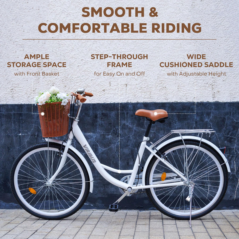 Viribus 26 Inch Vintage Ladies Bike with Basket, Dutch Style City Bicycle with Carbon Steel Frame, Dual V Brakes, Single Speed Women's Comfort Bike with Adjustable Seat and Handlebars