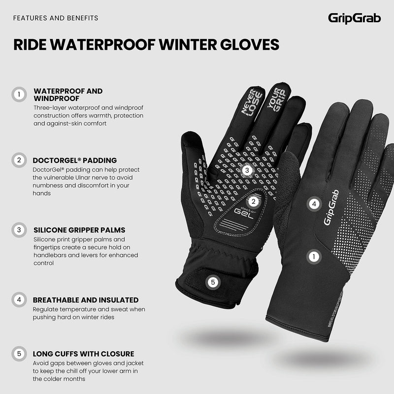 GripGrab RIDE Waterproof Winter Cycling Gloves Windproof Thermal Padded Fleece Lined Cold Weather Warm Bicycle Glove