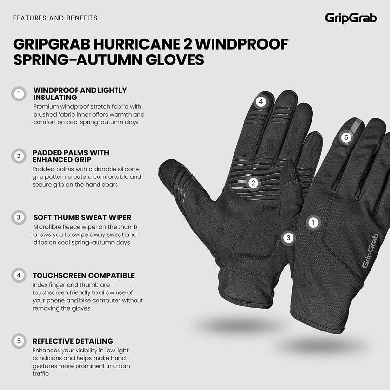 GripGrab Hurricane 2 Windproof Spring-Autumn Cycling Gloves Long Padded Thermal Road MTB Gravel Bike Bicycle Glove