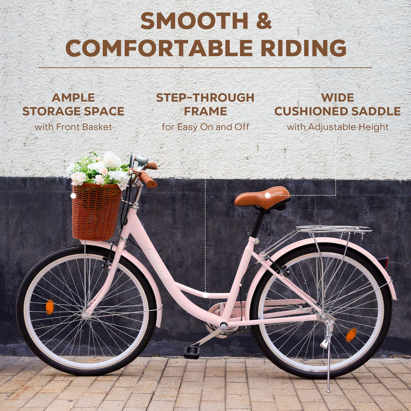 Viribus 26 Inch Vintage Ladies Bike with Basket, Dutch Style City Bicycle with Carbon Steel Frame, Dual V Brakes, Single Speed Women's Comfort Bike with Adjustable Seat and Handlebars